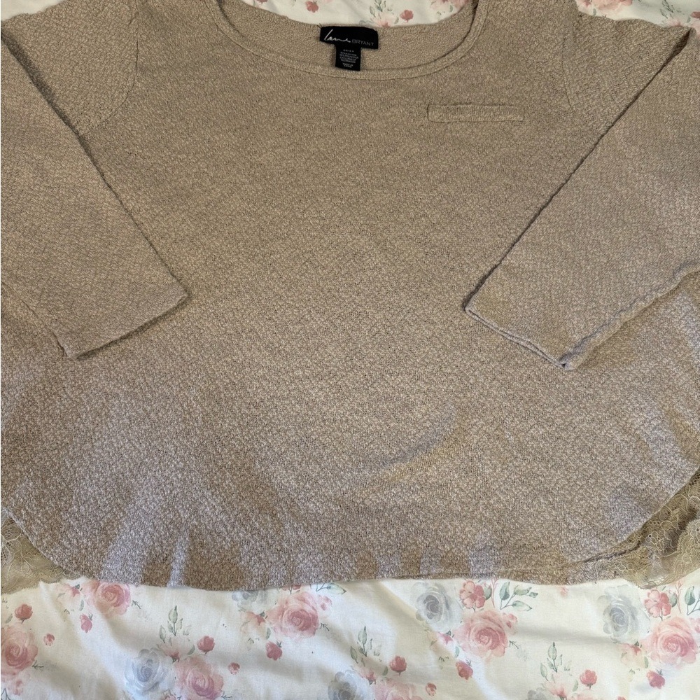Lane‎ Bryant Women's Sweater Plus Size 22/24 Beige Lace Hem Knit Top Pullover